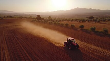Scenic View of Tractor Compacting Soil in Farmland