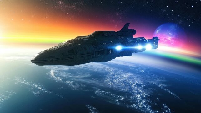 An alien civilization's massive spacecraft orbiting a distant planet, with colorful auroras and a two-sun sky illuminating the scene