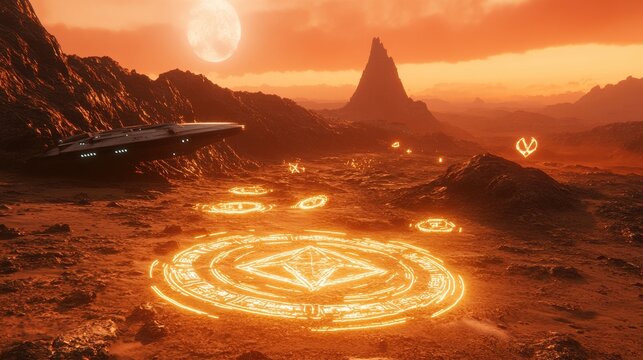 An alien spacecraft landing on a desolate alien planet with a red sky, rocky terrain, and mysterious glowing symbols etched into the ground