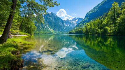 Reflection of Mountains in a Crystal-Clear Lake