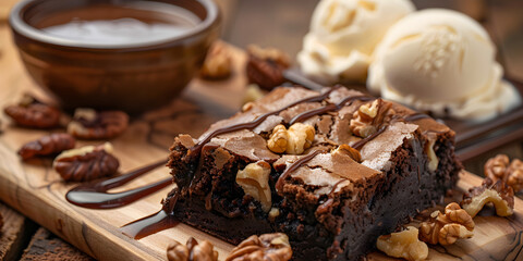 Rustic board with walnut brownies topped with vanilla ice cream, caramel sauce, and cocoa powder