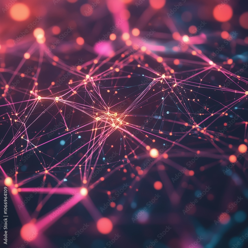 Poster abstract digital network visualization with vibrant colors, showcasing interconnected nodes and line