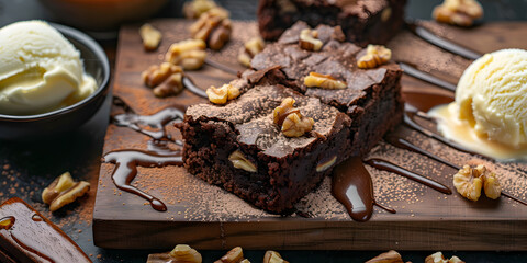 Rustic walnut brownies with vanilla ice cream, caramel sauce, and cocoa powder dusting for dessert