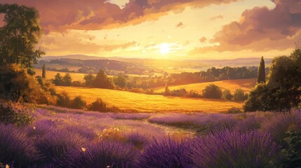 A peaceful countryside with fields of lavender under a golden sun