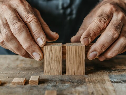 Close-up of a craftsman's hands aligning wooden blocks on a workbench, showcasing precision, woodworking skills, and craftsmanship in carpentry. - Powered by Adobe