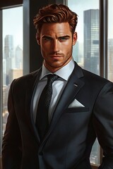 A handsome muscular man with rich chestnut brown with subtle auburn highlights hair, warm hazel eyes and light stubble wearing an elegant suit looking.generative ai