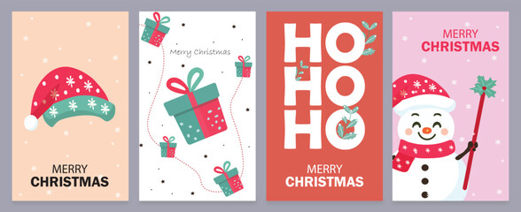 Merry Christmas greeting card set. Modern artistic Christmas design with typography and beautiful snowflakes, gift boxes