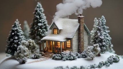 Naklejka premium Small cozy house emitting smoke in snowy winter landscape