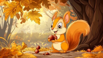 Fototapeta premium A charming cartoon squirrel sits beneath a large tree in a vibrant autumn forest.