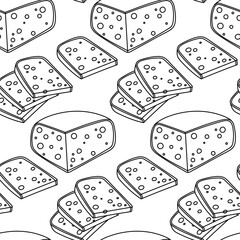 A doodle pattern of thinly sliced porous gouda cheese in a wax package. Whole and sliced gouda pieces of triangular shape with a thin black line on white. Texture of Slices of dairy product