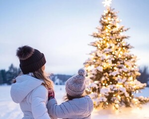 Fototapeta premium American small-town Christmas parade with large decorated Christmas tree children playing