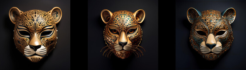 Three cheetah masks isolated on black background.