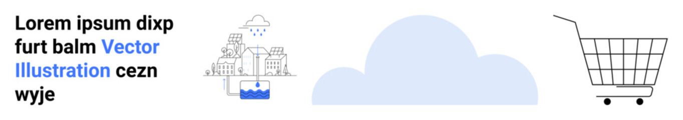 Shopping cart, cloud, and weather icon with rain and factory. Placeholder text included. Ideal for e-commerce, tech, weather apps, environmental projects, digital platforms, blogs. Banner for landing