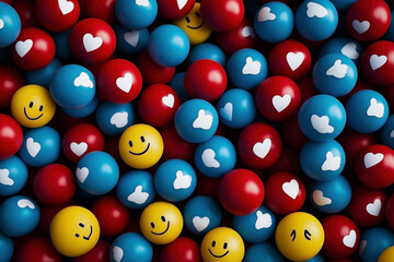 Blue, red and yellow balls with social media icons
