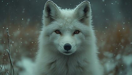 Obraz premium Closeup of white arctic fox in snow. The fox's thick, white fur blends with the snowy background, showcasing its sharp eyes and delicate features. Ideal for winter wildlife themes, nature photography