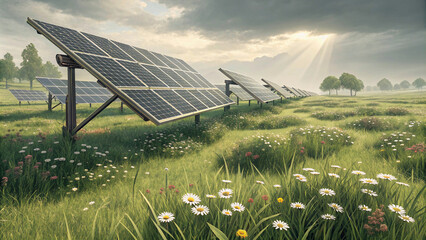 Sustainable solar farm nestled in a green landscape. Clean energy solution with solar panels in a rural setting. Picturesque landscape with solar panels generating power.