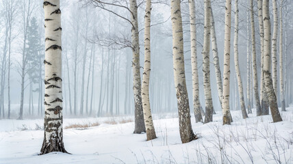 Fototapeta premium Snow-covered birch forest in winter with misty atmosphere
