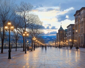 Obraz premium American urban park at dusk decorated trees lining the walkway
