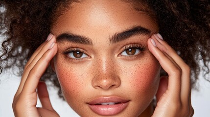 Fototapeta premium Closeup Portrait Freckles Skincare Beauty Woman Face Hands