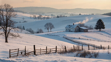 Rustic farmhouse in snowy winter landscape at dawn


