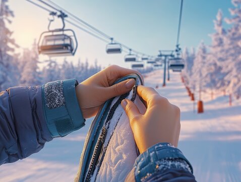 Close-up of hands zipping up a winter jacket on a snowy mountain, with a ski chairlift in the background, capturing winter adventure and preparation.