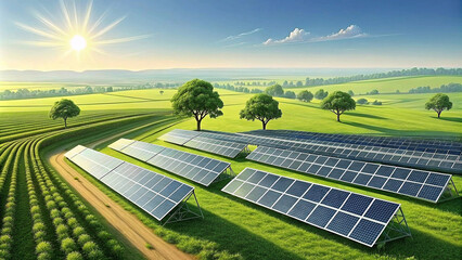 Sustainable solar farm nestled in a green landscape. Clean energy solution with solar panels in a rural setting. Picturesque landscape with solar panels generating power.