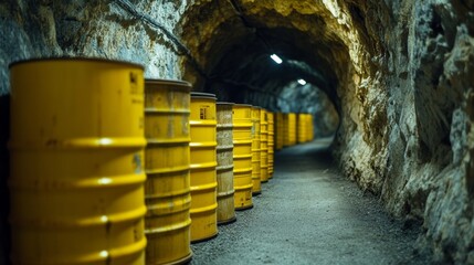 Yellow barrels containing toxic waste stored in underground tunnel