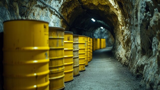 Yellow barrels containing toxic waste stored in underground tunnel