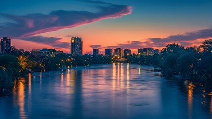 Fototapeta premium The warm glow of a citys night lights reflected on a pastel river AI generated illustration