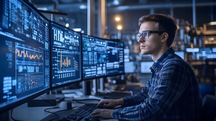Intensely Focused Engineer Monitoring Advanced Data Displays in Modern Control Room