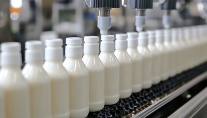 Milk packaging process in a factory during busy production time