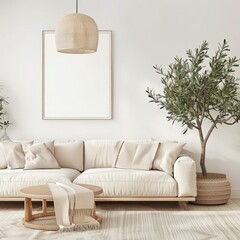 A cozy living room with a white sofa, a wooden coffee table, and a large olive tree. The room has a light and airy feel, and the furniture is arranged in a welcoming manner