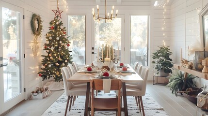 Fototapeta premium Versatile minimalist dining room with festive decorations AI generated illustration