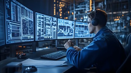 Engineer Analyzing Detailed Data on Multiple Screens in a Modern Dark Control Room with Neon Accents
