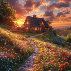 Naklejka premium Cottagecore Sunset Flower Path to Charming Home