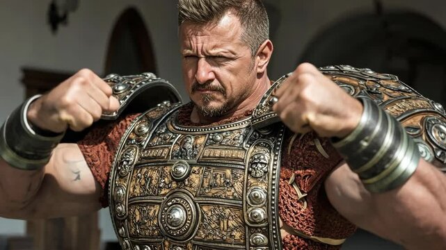 A muscular man in full Roman armor poses confidently with his fists clenched