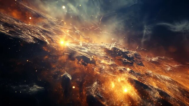 Burning planet surface exploding with molten lava and smoke
