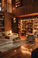 Warm minimalist library with neatly arranged bookshelves AI generated illustration