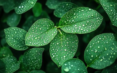 Fototapeta premium Green lettuce leaves covered with fresh, sparkling water drops, highlighting the natural texture and deep green color in a fresh, dewy environment