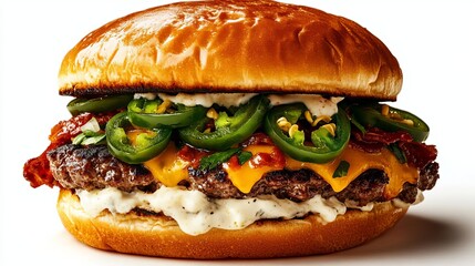 A spicy jalapeno burger with pepper jack cheese and fresh jalapeno slices, against a bright white background, bold and fiery