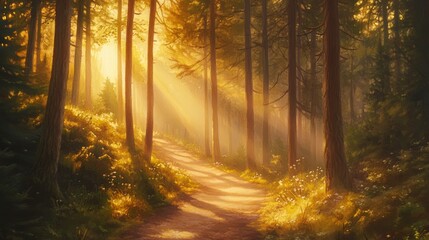 Naklejka premium Golden sunlight illuminating forest path at sunrise