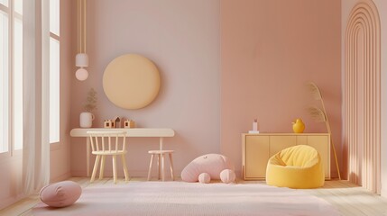 A childs room decorated with pink walls and cheerful yellow furniture