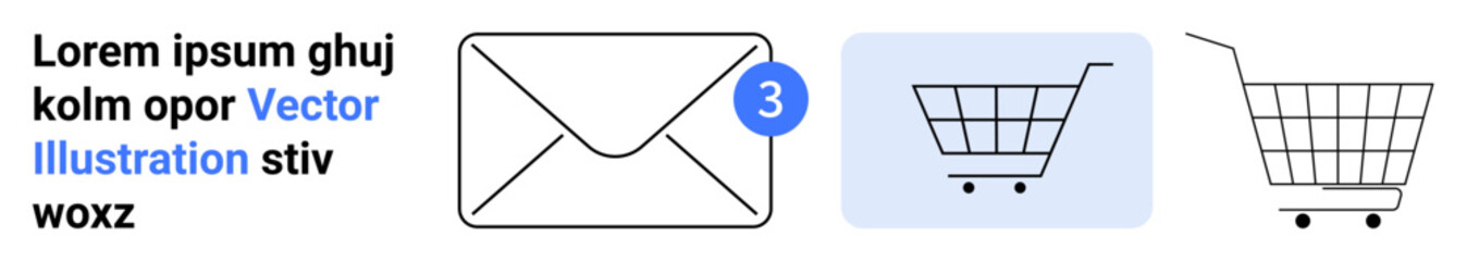 Envelope with notification badge indicating three new messages, blue square with shopping cart icon, and empty shopping cart. Ideal for e-commerce, digital communication, notifications, online