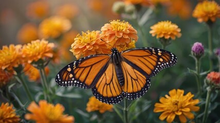 Obraz premium Monarch butterfly on orange flowers with distinctive black-spotted wings