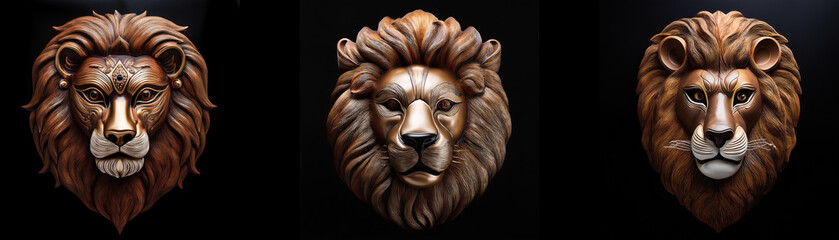 Three lion masks are isolated on a black background.