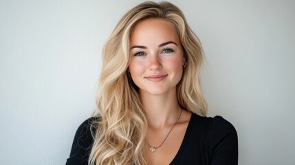 Naklejka premium Beautiful Blonde Woman Portrait Happy Smile Natural Makeup Long Hair