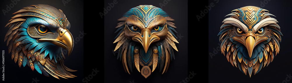 Aufkleber three detailed eagle masks are isolated against a black background. the masks are decorated with var