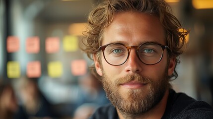 Young professional man with glasses in modern office setting, exuding confidence and focus. background features collaborative workspace with colorful sticky notes
