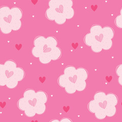 Flower and hearts on pink background. Cute seamless pattern with hearts and flowers for wrapping paper, fabric, Valentine's Day, Wedding, card.