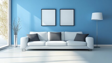 White Sofa in a Modern Living Room with Blue Walls and a Floor Lamp